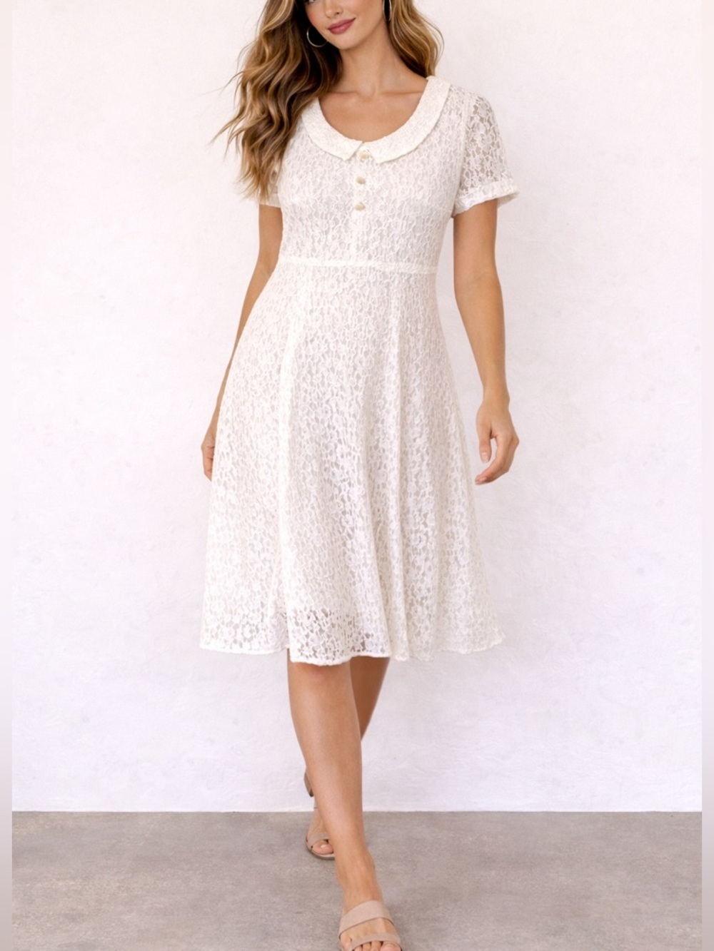 White Lace Peter Pan Collar Dress Cottagecore Coquette Babydoll Midi Dress